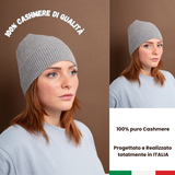 Cappellino rasato 100% cashmere puro - Grigio - Beanie rasato con costa - Berretto morbido di qualità premium - Made in italy