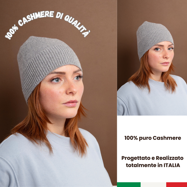 Cappellino rasato 100% cashmere puro - Grigio - Beanie rasato con costa - Berretto morbido di qualità premium - Made in italy