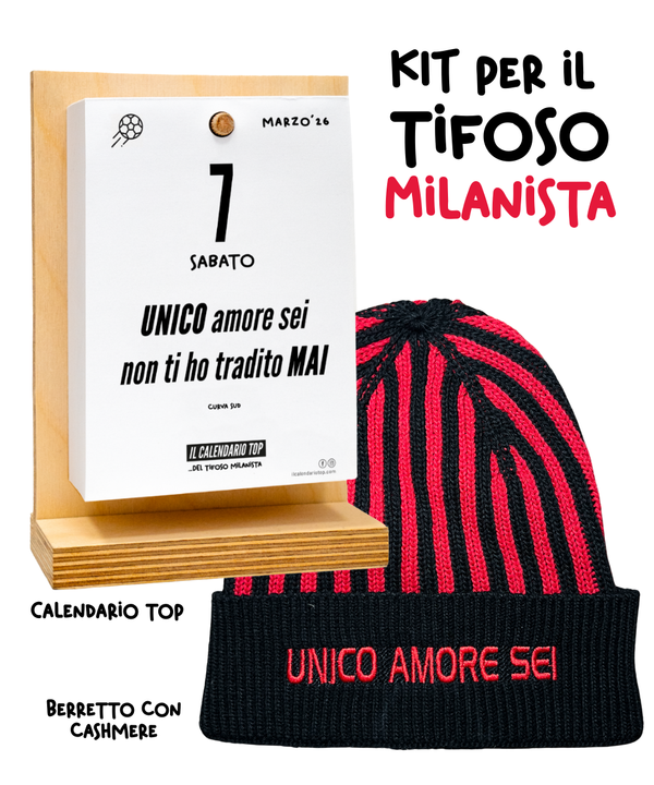 Kit del Tifoso Milanista: Il Calendario Top + Cappellino con cashmere del Tifoso Milanista con ricamo: "Unico amore sei" - Rossonero - Berretto morbido di qualità premium - Made in italy