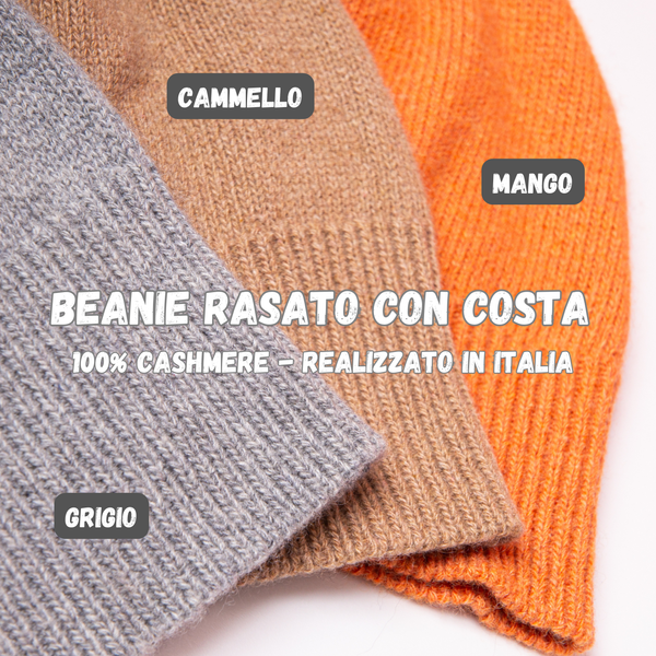 Cappellino rasato 100% cashmere puro - Grigio - Beanie rasato con costa - Berretto morbido di qualità premium - Made in italy