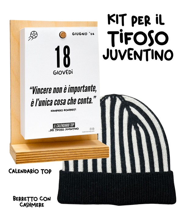Kit del Tifoso Juventino: Il Calendario Top + Cappellino con cashmere del Tifoso Juventino - Bianconero - Berretto morbido di qualità premium - Made in italy