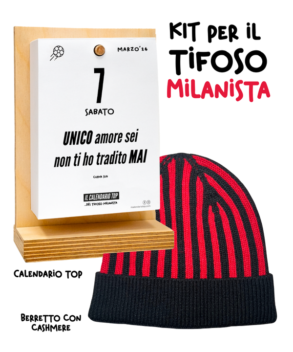 Kit del Tifoso Milanista: Il Calendario Top + Cappellino con cashmere del Tifoso Milanista - Rossonero - Berretto morbido di qualità premium - Made in italy