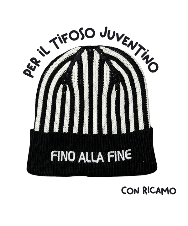 Cappellino con cashmere del Tifoso Juventino con ricamo: "Fino alla Fine" - Bianconero - Berretto morbido di qualità premium - Made in italy