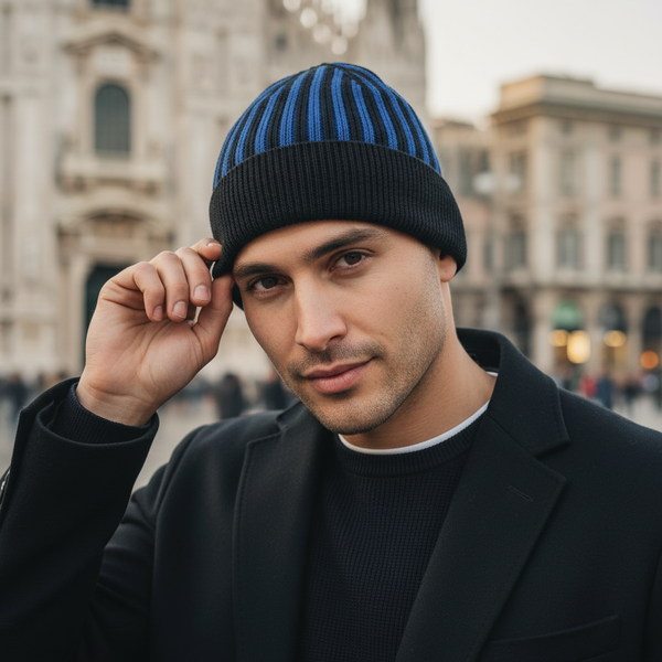 Cappellino con cashmere del Tifoso interista con ricamo: "Mai Stati in B" - Nerazzurro - Berretto morbido di qualità premium - Made in italy