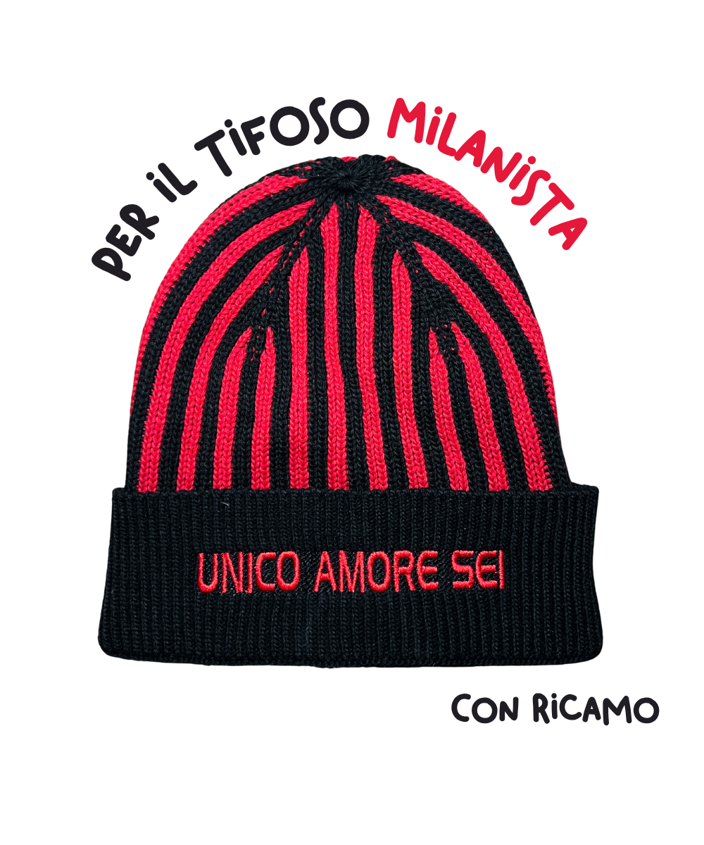 Kit del Tifoso Milanista: Il Calendario Top + Cappellino con cashmere del Tifoso Milanista con ricamo: "Unico amore sei" - Rossonero - Berretto morbido di qualità premium - Made in italy